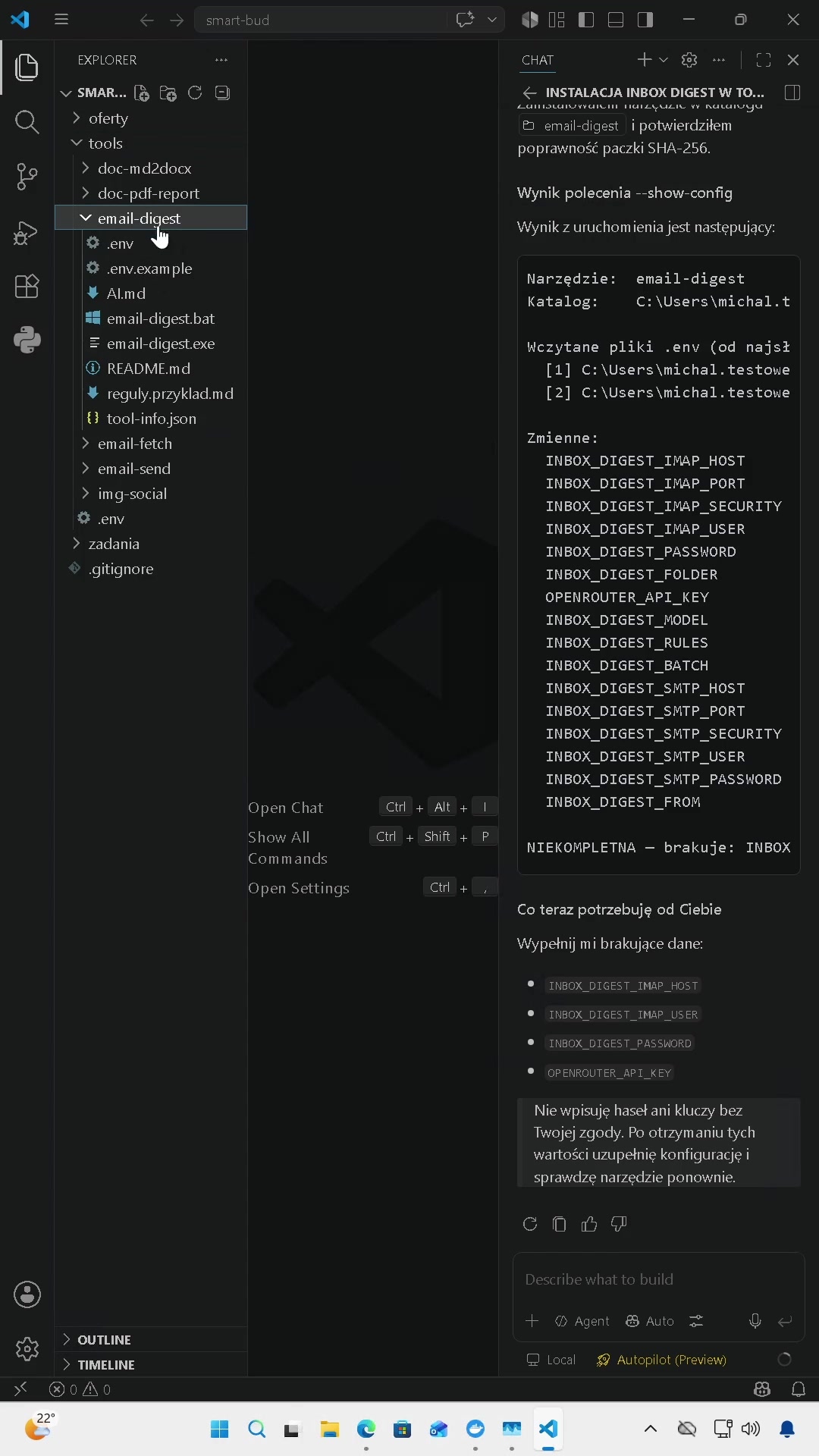Copilot po instalacji Inbox Digest pyta o brakującą konfigurację skrzynki