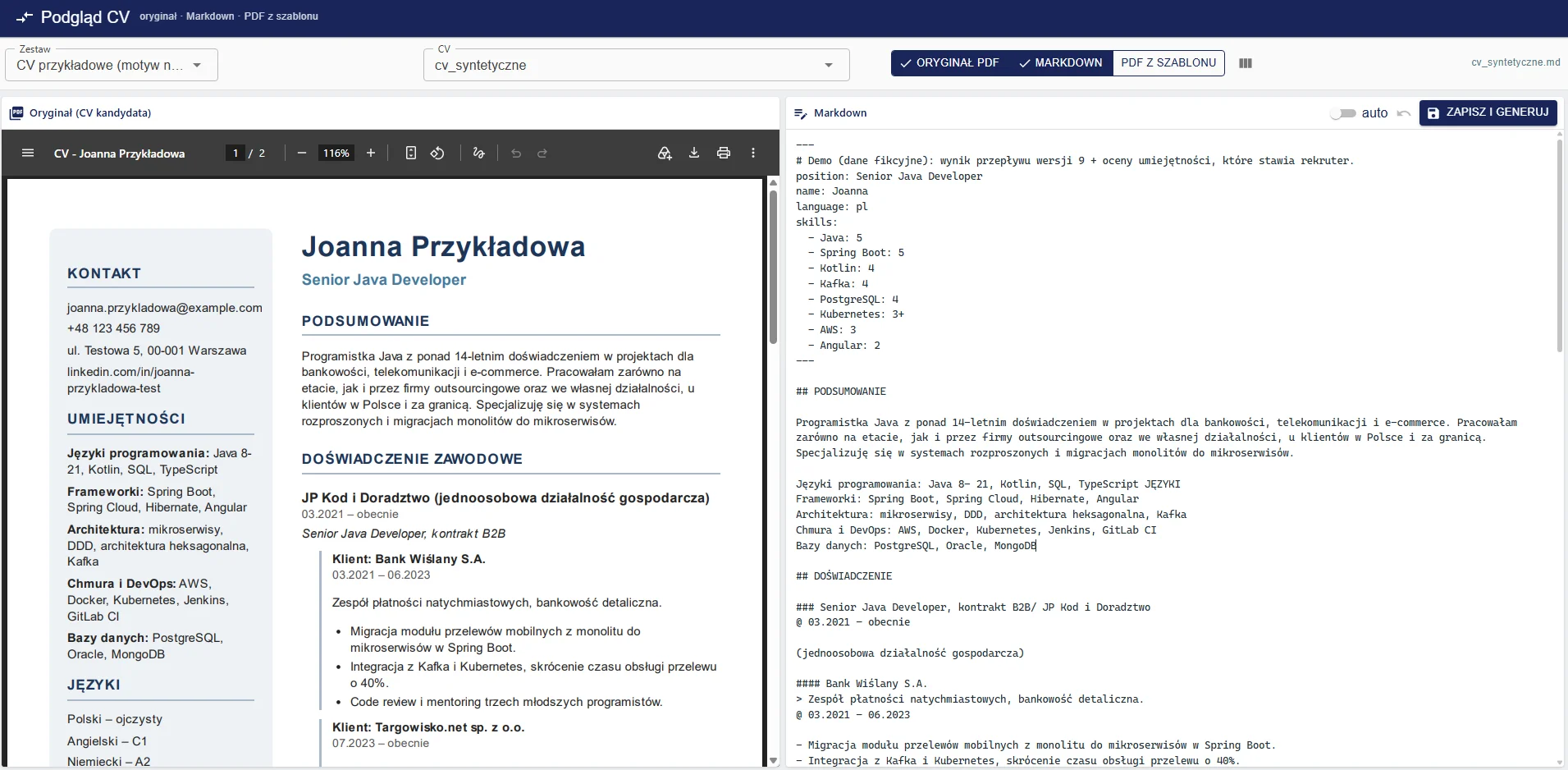 Oryginał CV obok tekstu profilu w trakcie edycji