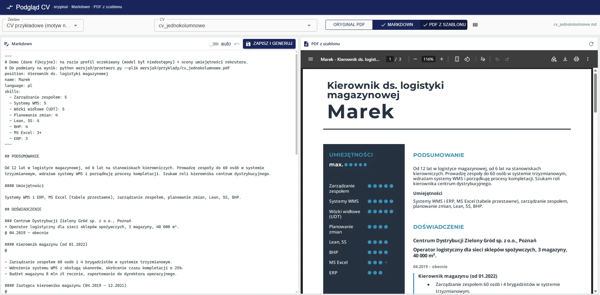 Edytowalny tekst obok profilu PDF z paskiem umiejętności