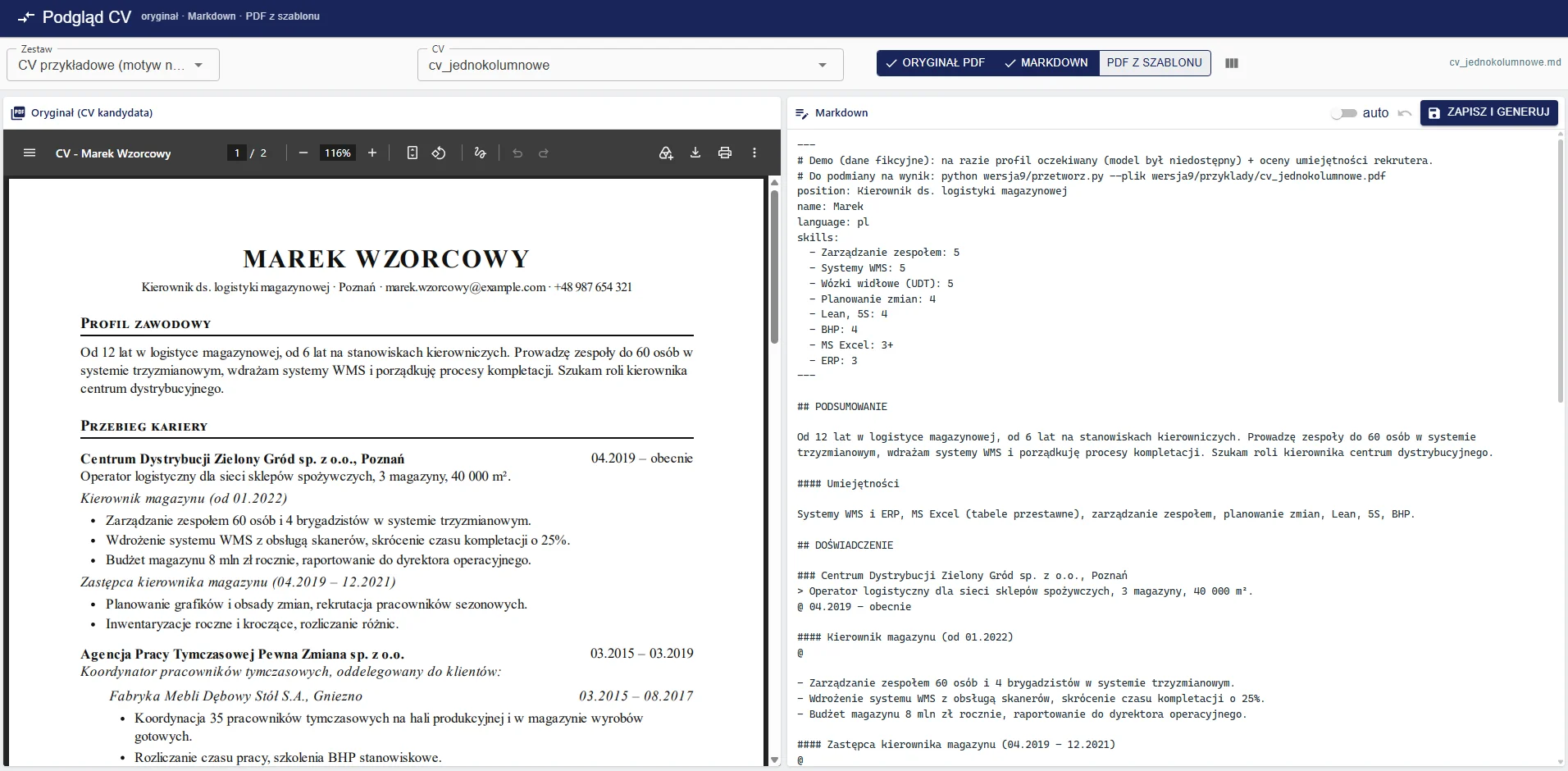 Oryginał CV obok edytowalnego tekstu profilu