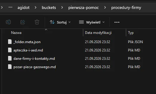 Folder procedury-firmy z plikami: apteczka i AED, dane firmy i kontakty, pożar pieca gazowego