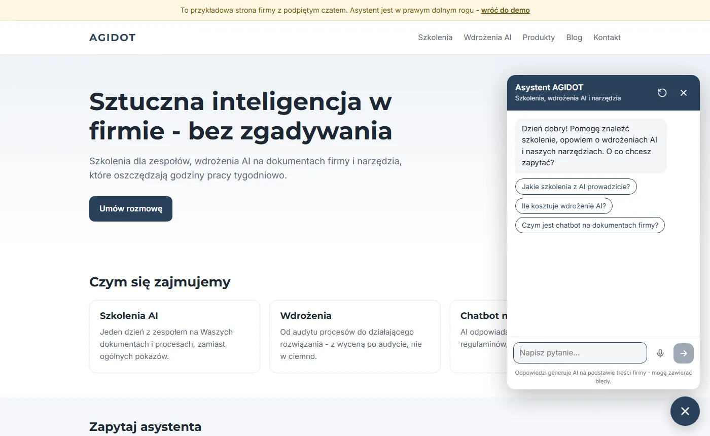 Czat AI w rogu przykładowej strony firmy