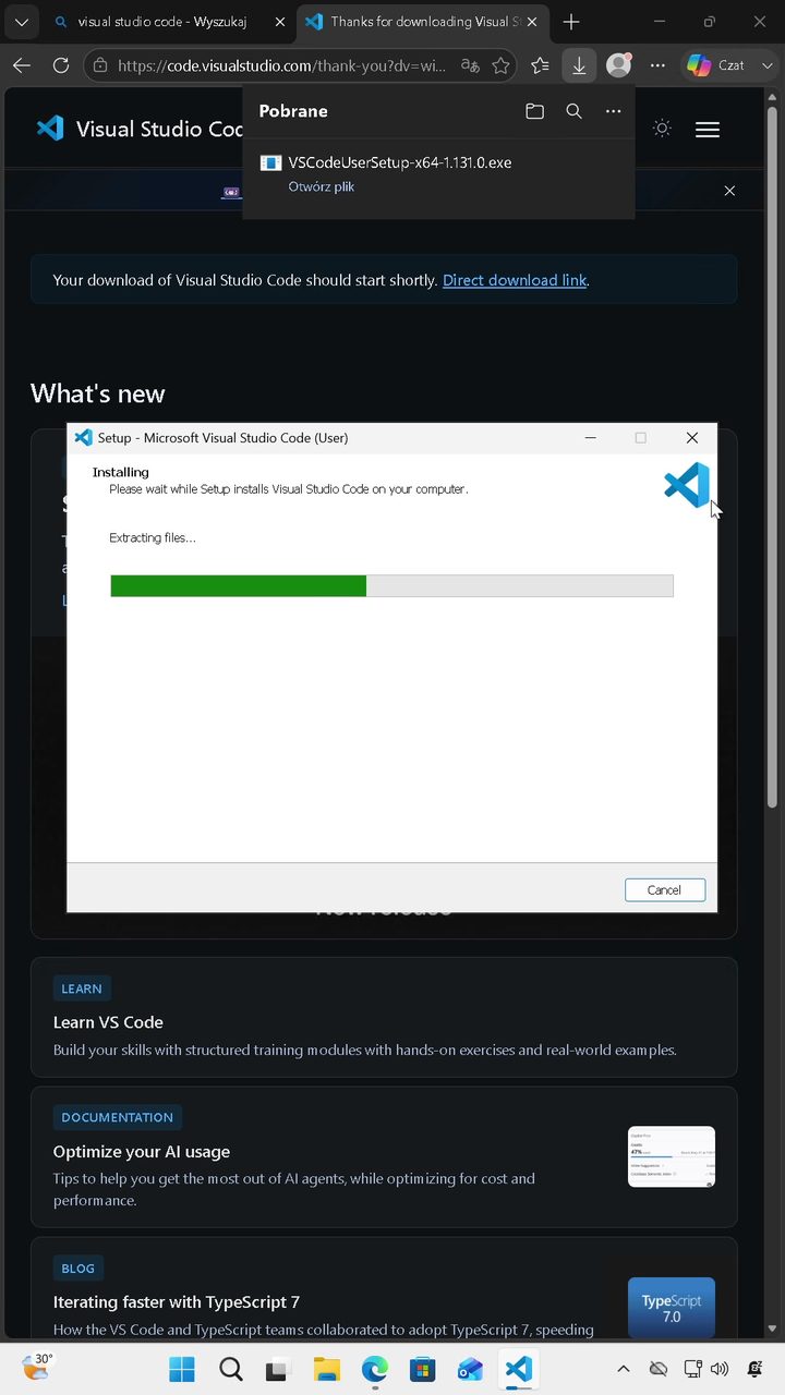 Trwa instalacja Visual Studio Code