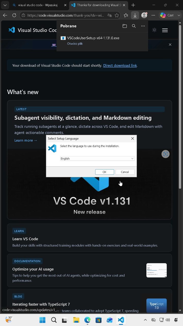 Wybór języka instalacji Visual Studio Code