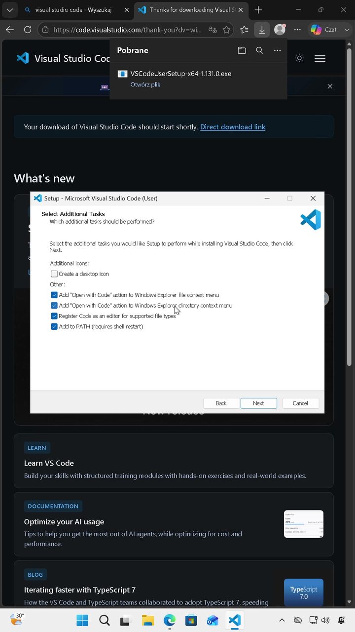 Dodatkowe opcje instalacji VS Code