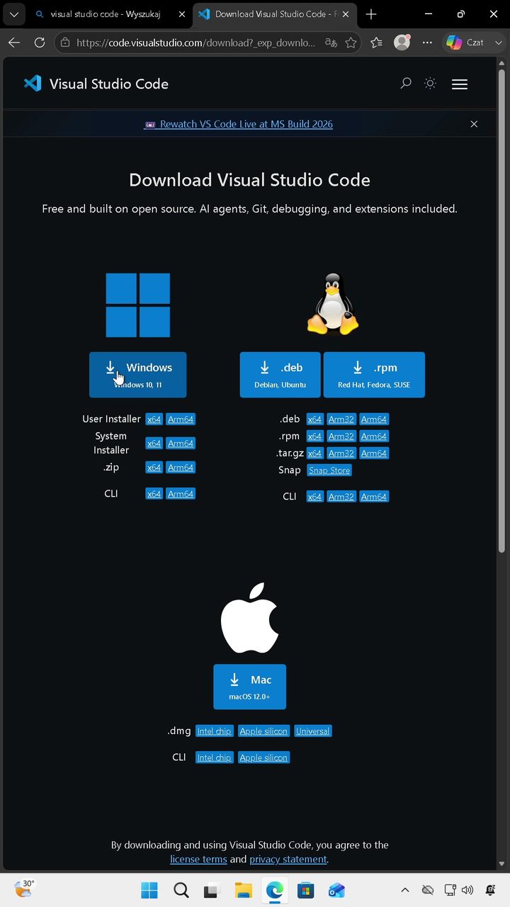 Pobieranie Visual Studio Code - wybór systemu