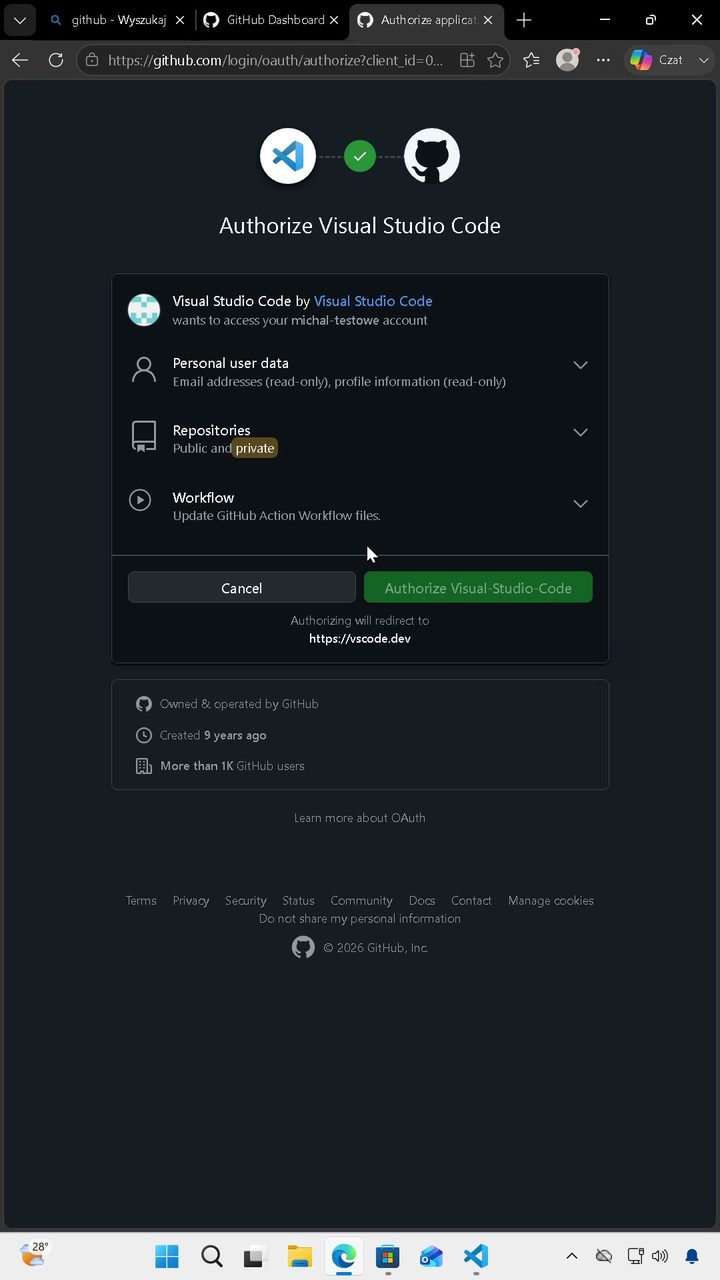 Autoryzacja Visual Studio Code w GitHub