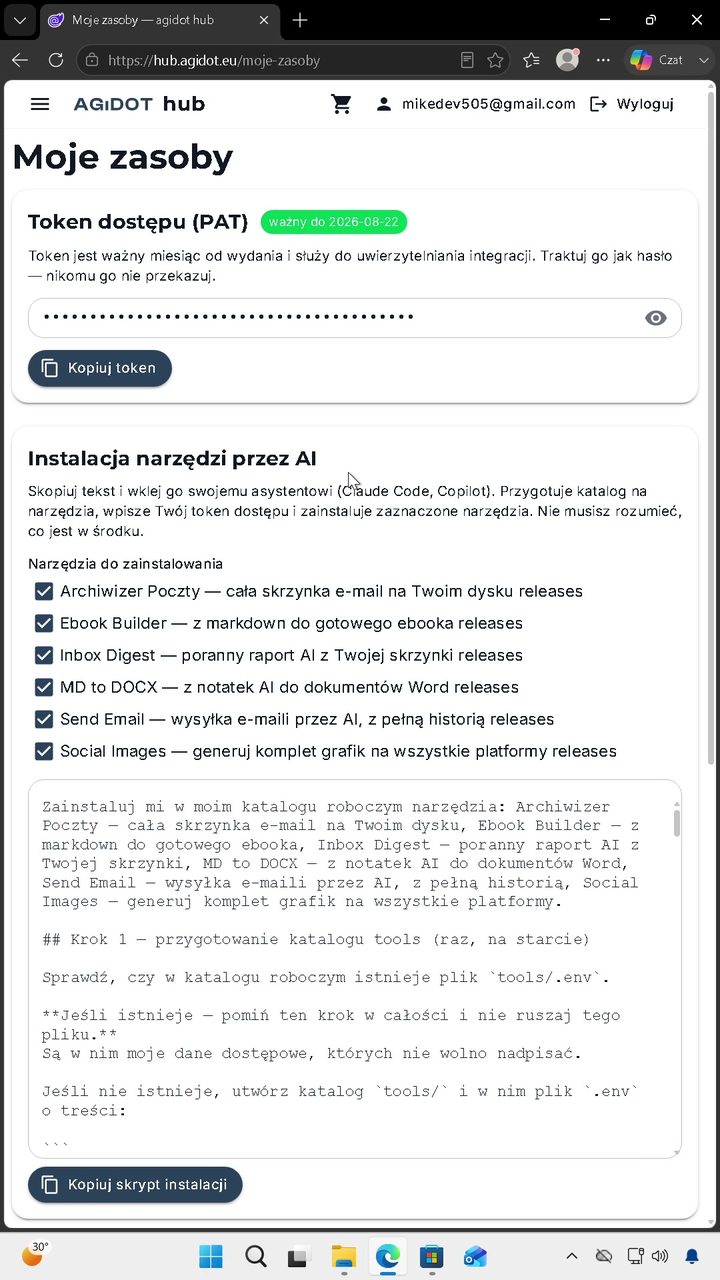 Panel Moje zasoby z listą narzędzi do instalacji